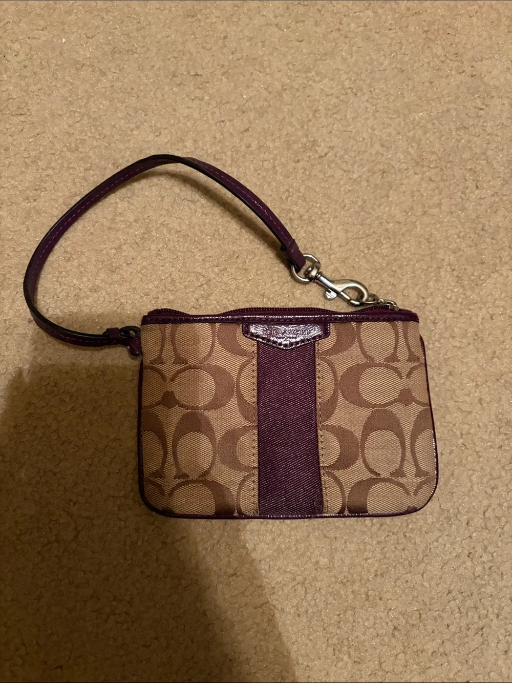 Coach Brown Signature Canvas Wristlet with Plum Trim